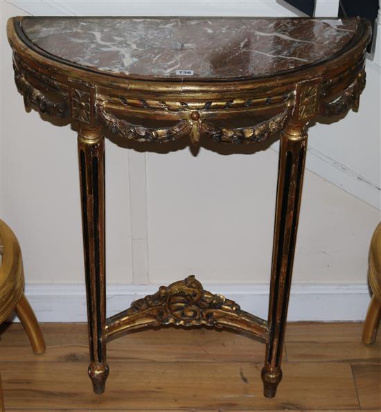 A demi-lune gilt wall console table W.78cm